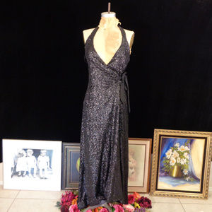 DRESS THE POPULATION MATTE BLACK SEQUIN WRAP GOWN